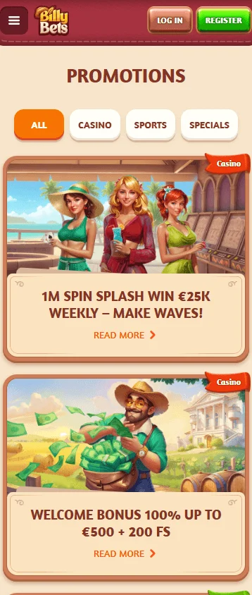Billybets Casino mobile promotions interface with bonus and reward features