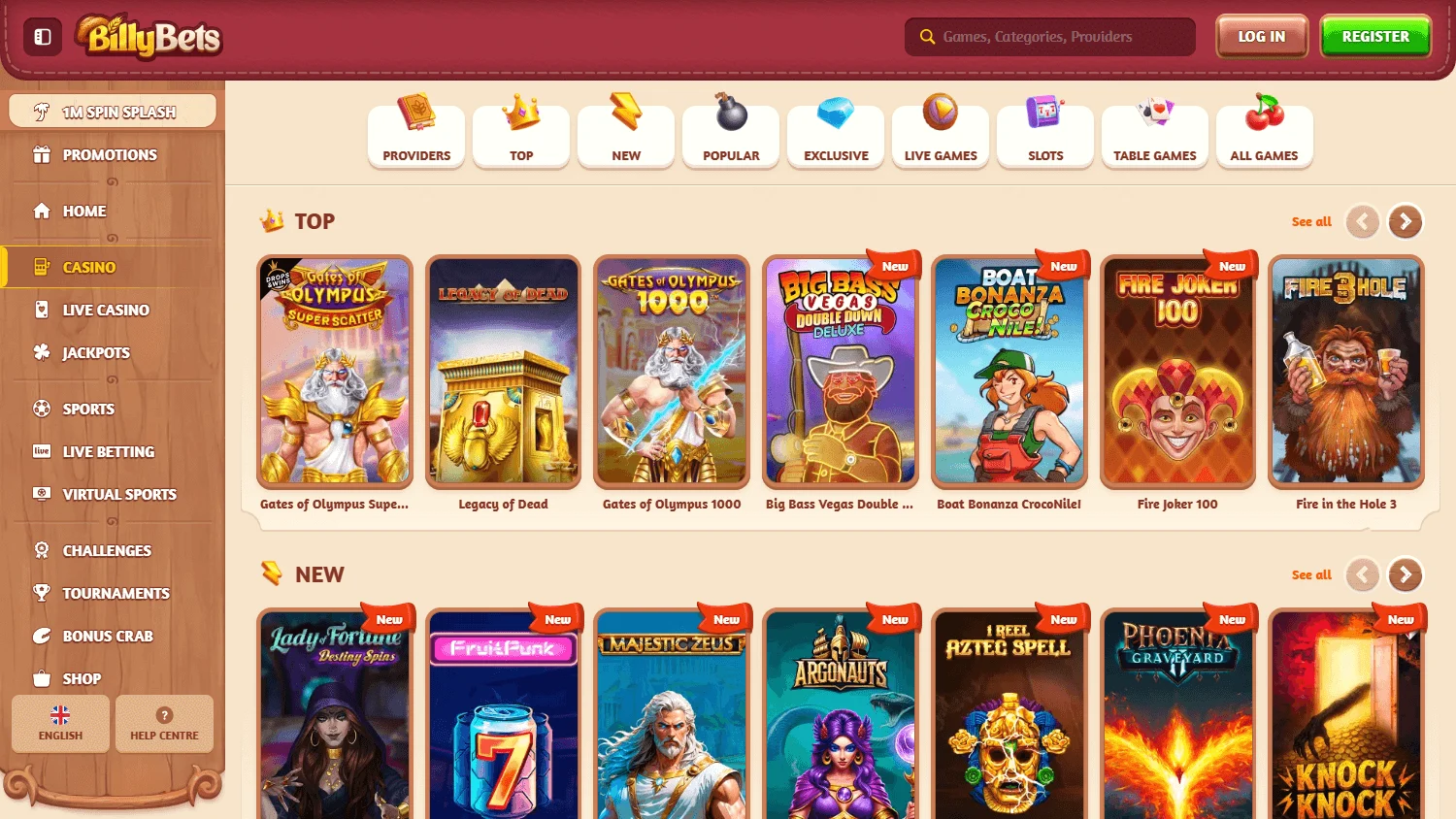 Billybets Casino desktop games interface with casino categories and game selection