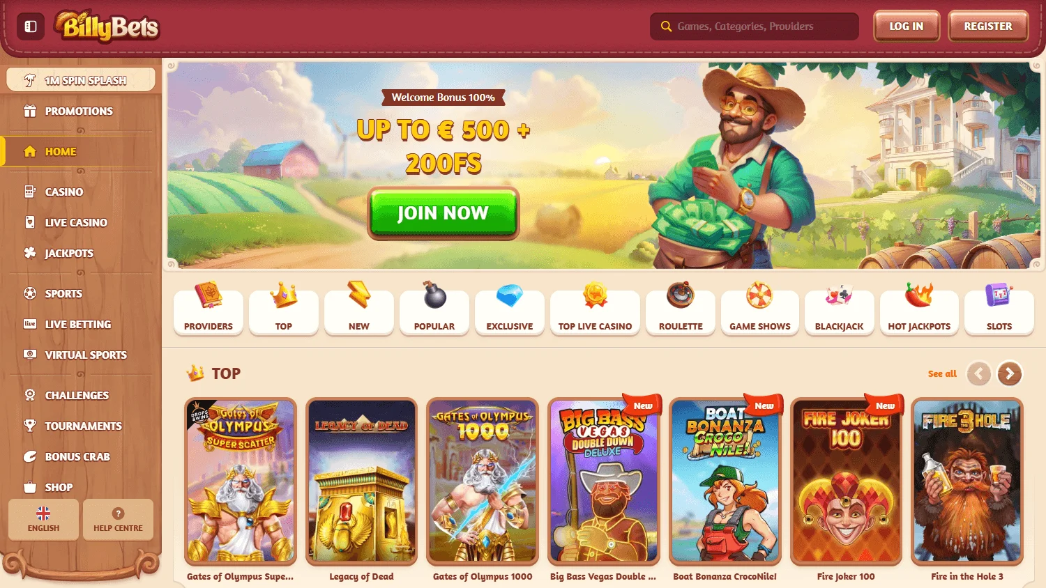 Billybets Casino desktop home interface with casino, live casino, sportsbook and promotional access