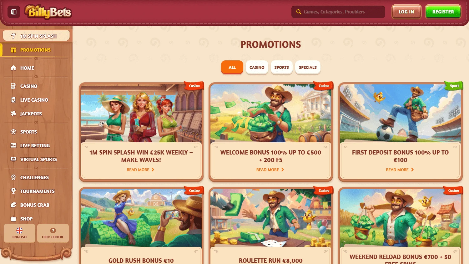 Billybets Casino desktop promotions interface with bonuses and promotional features