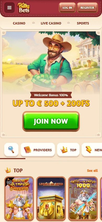 Billybets Casino mobile home interface with casino and sportsbook access