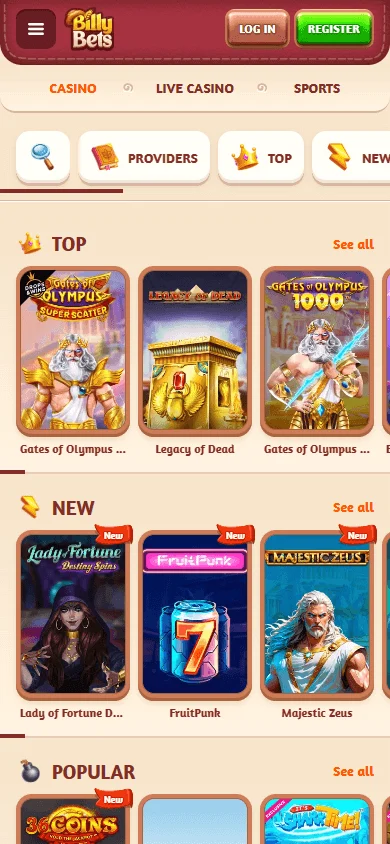 Billybets Casino mobile games interface with slots and casino categories